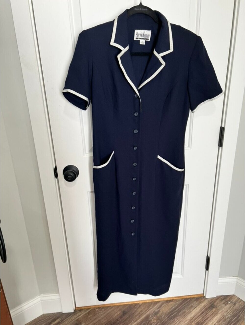 Vintage Sheri Martin New York Navy Blue White Trim Button Front Midi Dress Size